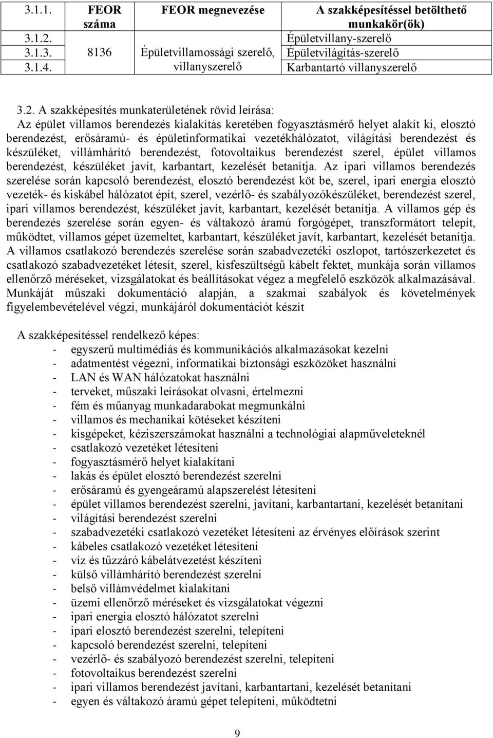 A szakképesítés munkaterületének rövid leírása: Az épület villamos berendezés kialakítás keretében fogyasztásmérő helyet alakít ki, elosztó berendezést, erősáramú- és épületinformatikai