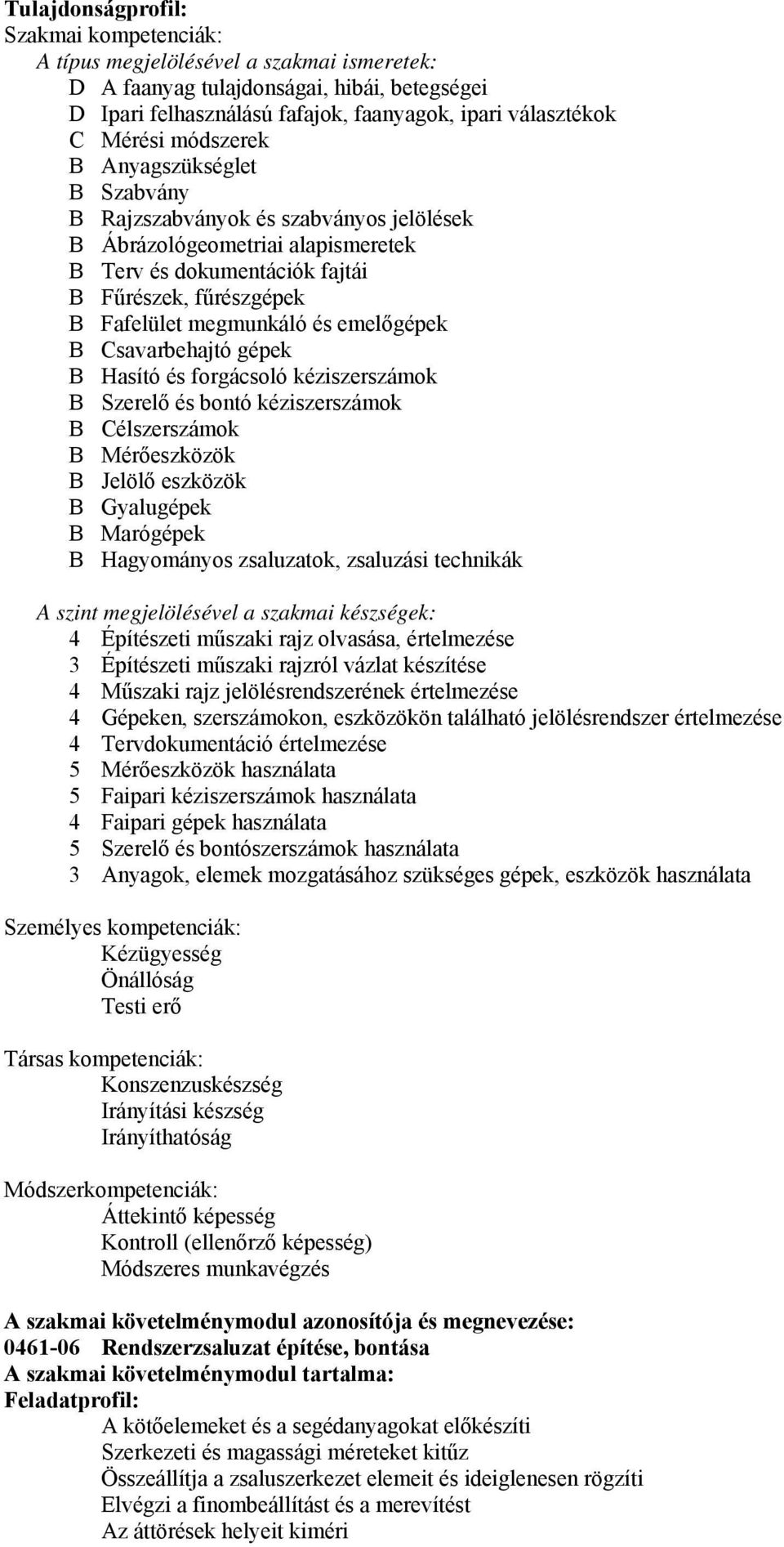 emelőgépek B Csavarbehajtó gépek B Hasító és forgácsoló kéziszerszámok B Szerelő és bontó kéziszerszámok B Célszerszámok B Mérőeszközök B Jelölő eszközök B Gyalugépek B Marógépek B Hagyományos