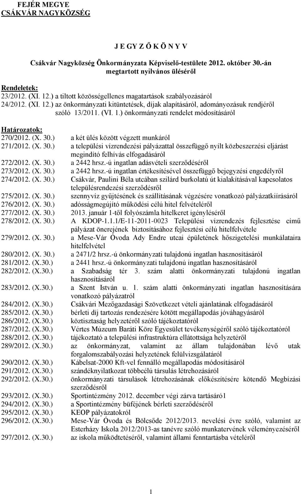 (X. 30.) a két ülés között végzett munkáról 271/2012. (X. 30.) a települési vízrendezési pályázattal összefüggő nyílt közbeszerzési eljárást megindító felhívás elfogadásáról 272/2012. (X. 30.) a 2442 hrsz.