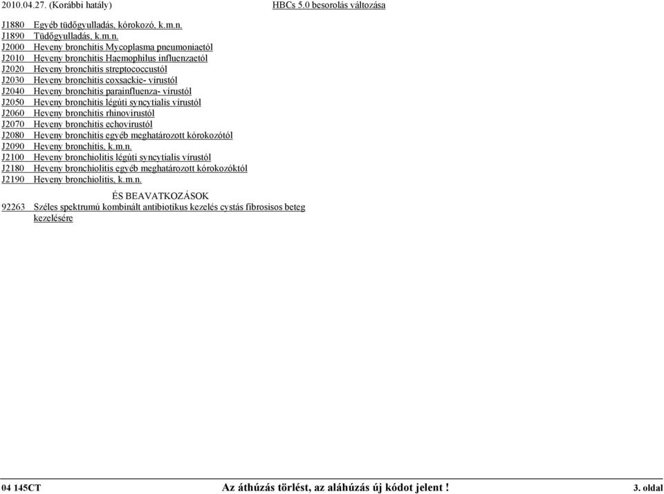 J2000 Heveny bronchitis Mycoplasma pneumoniaetól J2010 Heveny bronchitis Haemophilus influenzaetól J2020 Heveny bronchitis streptococcustól J2030 Heveny bronchitis coxsackie- vírustól J2040 Heveny