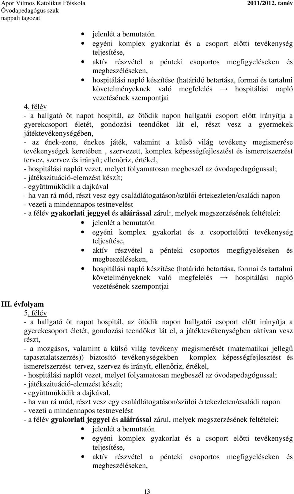 félév - a hallgató öt napot hospitál, az ötödik napon hallgatói csoport előtt irányítja a gyerekcsoport életét, gondozási teendőket lát el, részt vesz a gyermekek játéktevékenységében, - az