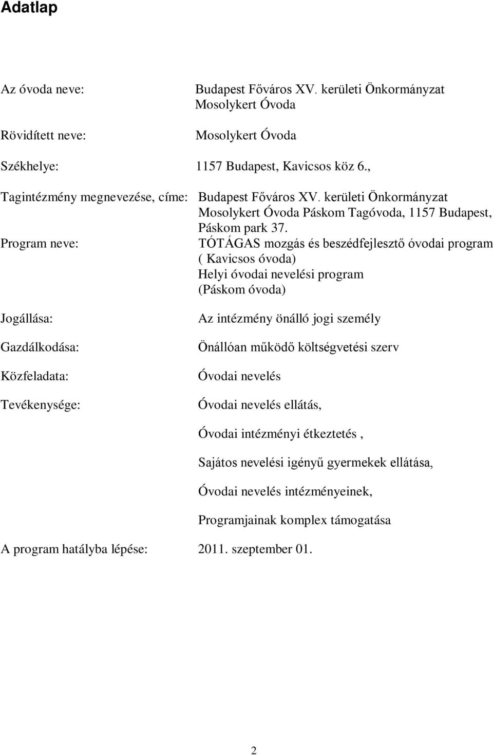 Program neve: TÓTÁGAS mozgás és beszédfejlesztő óvodai program ( Kavicsos óvoda) Helyi óvodai nevelési program (Páskom óvoda) Jogállása: Gazdálkodása: Közfeladata: Tevékenysége: Az intézmény