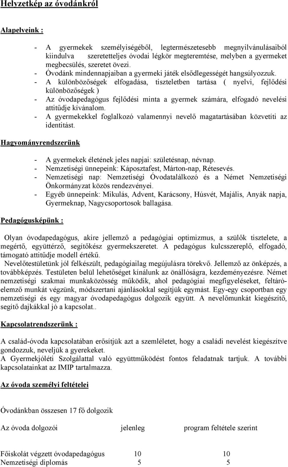 - A különbözőségek elfogadása, tiszteletben tartása ( nyelvi, fejlődési különbözőségek ) - Az óvodapedagógus fejlődési minta a gyermek számára, elfogadó nevelési attitűdje kívánalom.