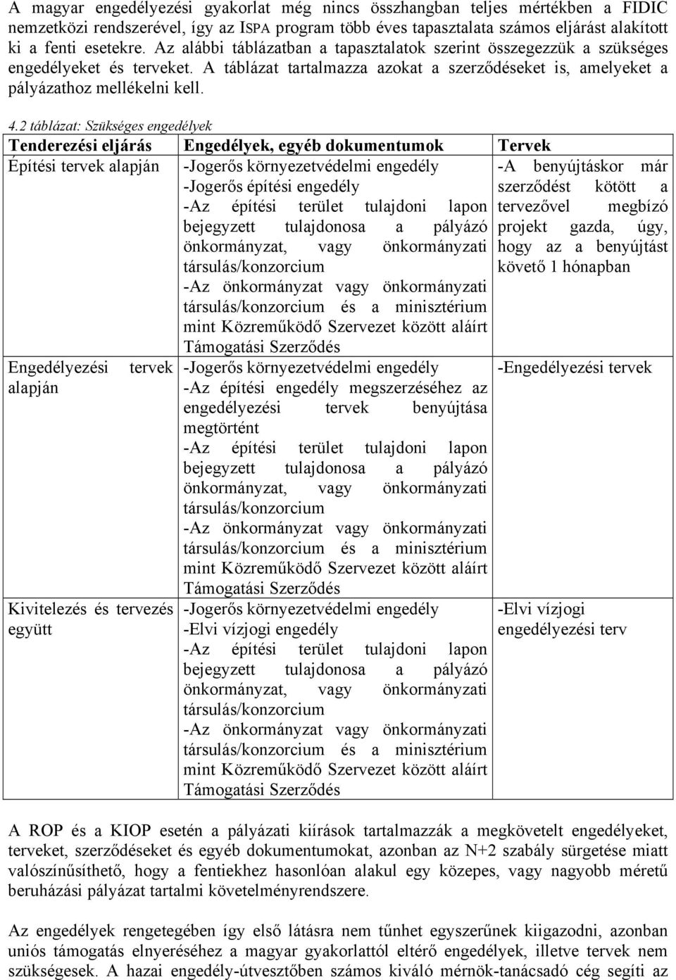 2 táblázat: Szükséges engedélyek Tenderezési eljárás Engedélyek, egyéb dokumentumok Tervek Építési tervek alapján -Jogerős környezetvédelmi engedély -A benyújtáskor már -Jogerős építési engedély