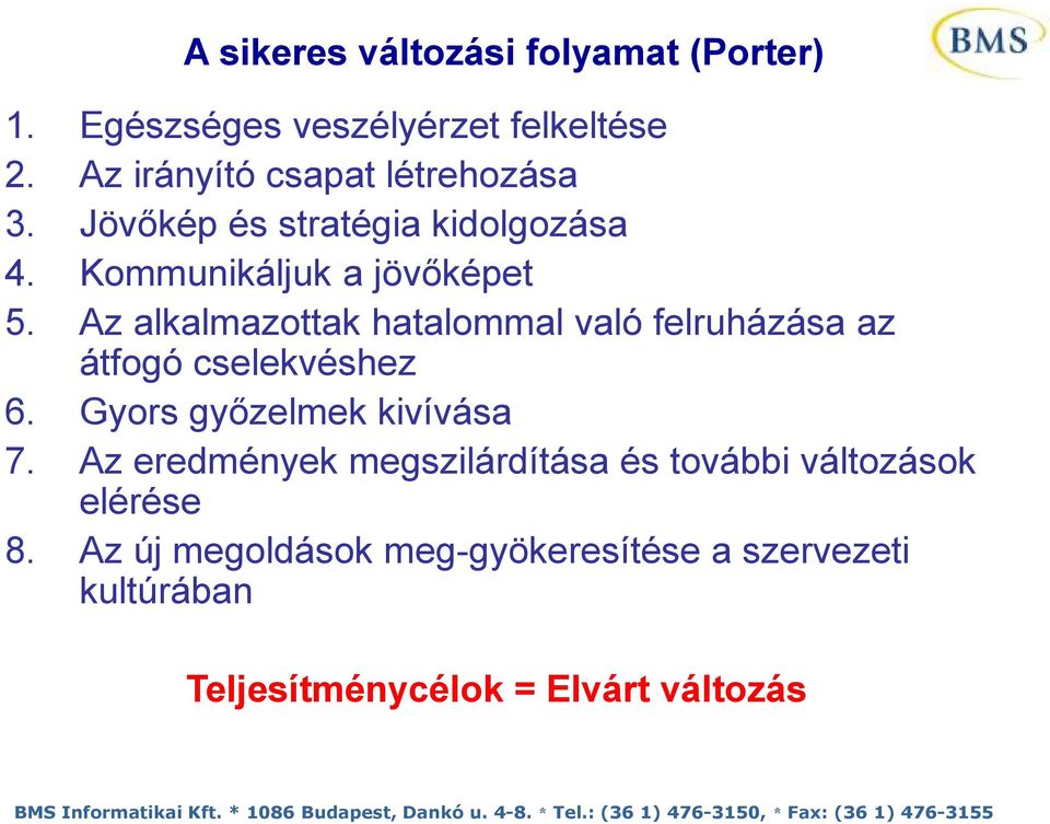 Az alkalmazottak hatalommal való felruházása az átfogó cselekvéshez 6. Gyors győzelmek kivívása 7.