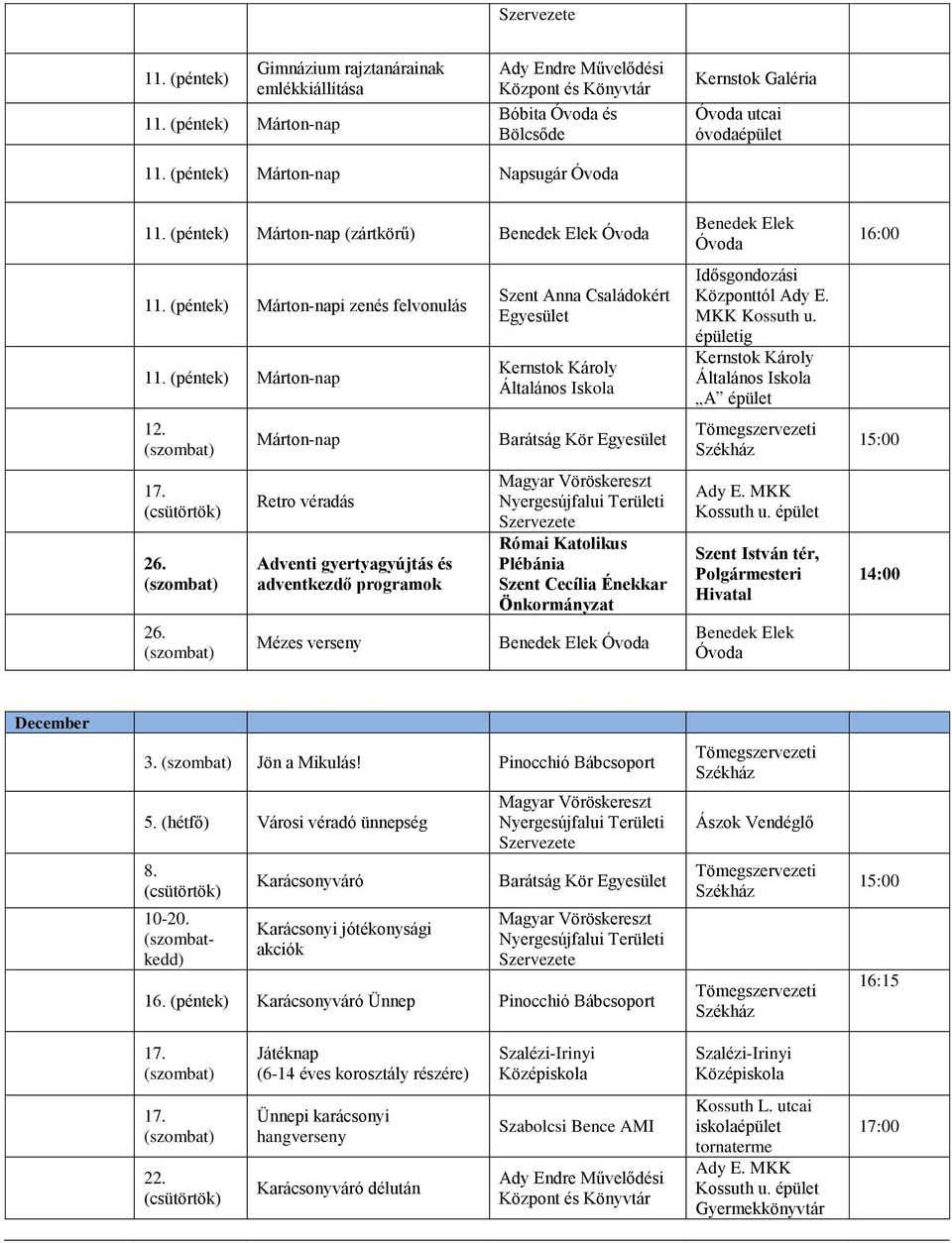 26. Retro véradás Adventi gyertyagyújtás és adventkezdő programok Mézes verseny Plébánia Szent Cecília Énekkar Szent István tér, Polgármesteri Hivatal 14:00 December 3. Jön a Mikulás!