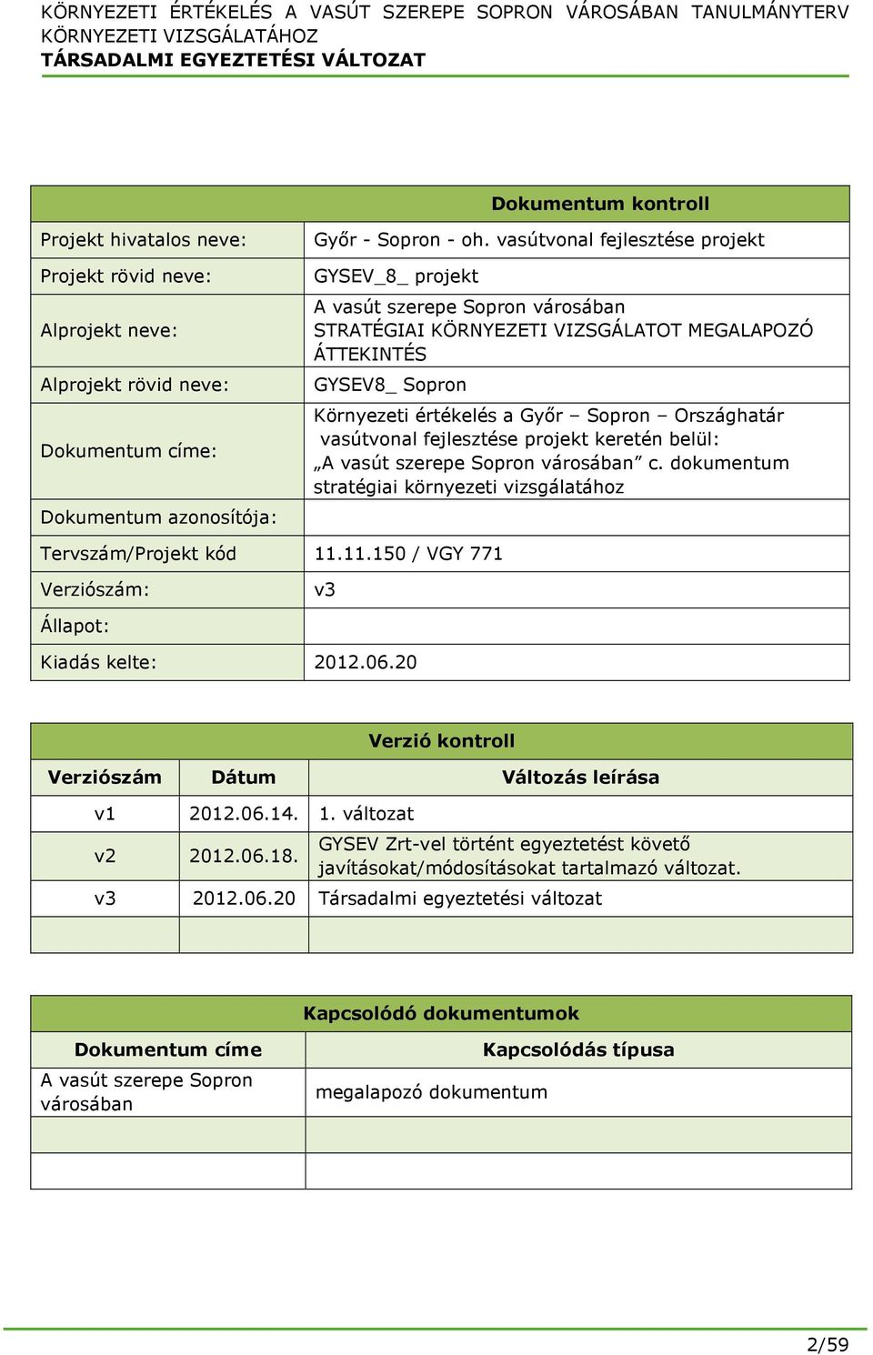 vasútvonal fejlesztése projekt keretén belül: A vasút szerepe Sopron városában c. dokumentum stratégiai környezeti vizsgálatához Tervszám/Projekt kód 11.