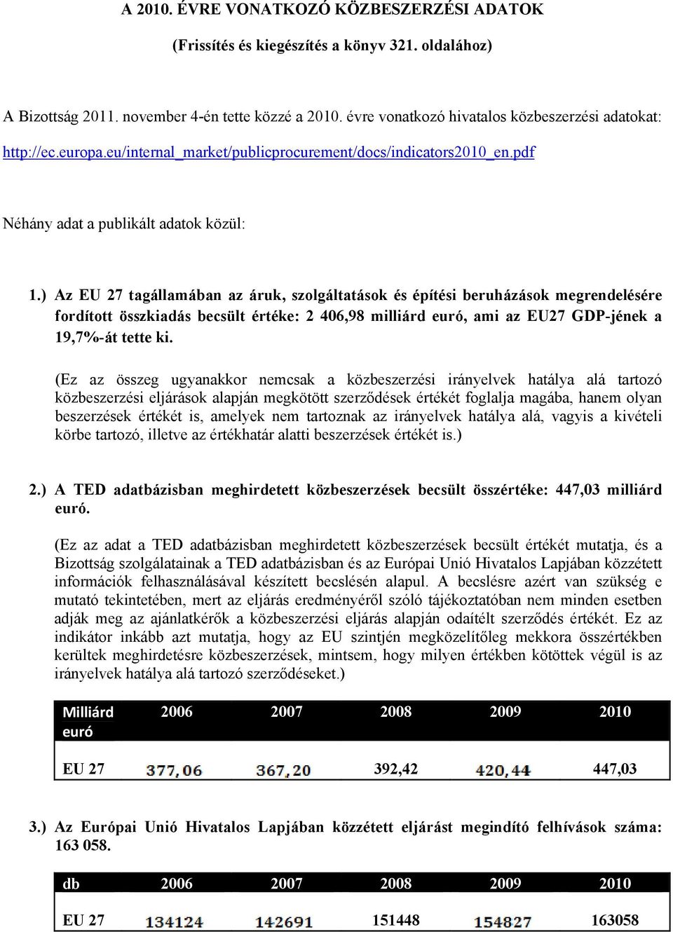 ) Az EU 27 tagállamában az áruk, szolgáltatások és építési beruházások megrendelésére fordított összkiadás becsült értéke: 2 406,98 milliárd euró, ami az EU27 GDP-jének a 19,7%-át tette ki.