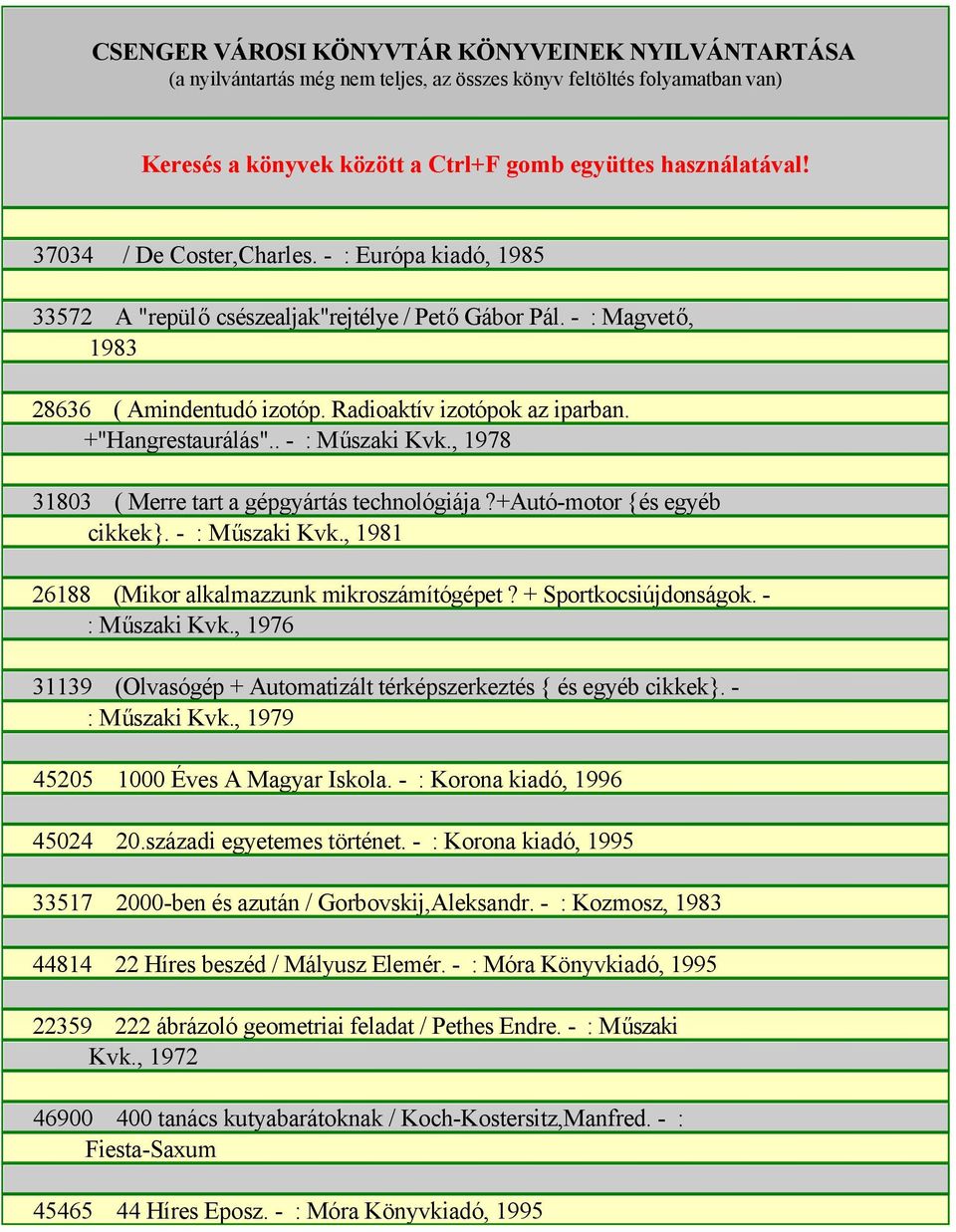 +"Hangrestaurálás".. - : Műszaki Kvk., 1978 31803 ( Merre tart a gépgyártás technológiája?+autó-motor {és egyéb cikkek}. - : Műszaki Kvk., 1981 26188 (Mikor alkalmazzunk mikroszámítógépet?