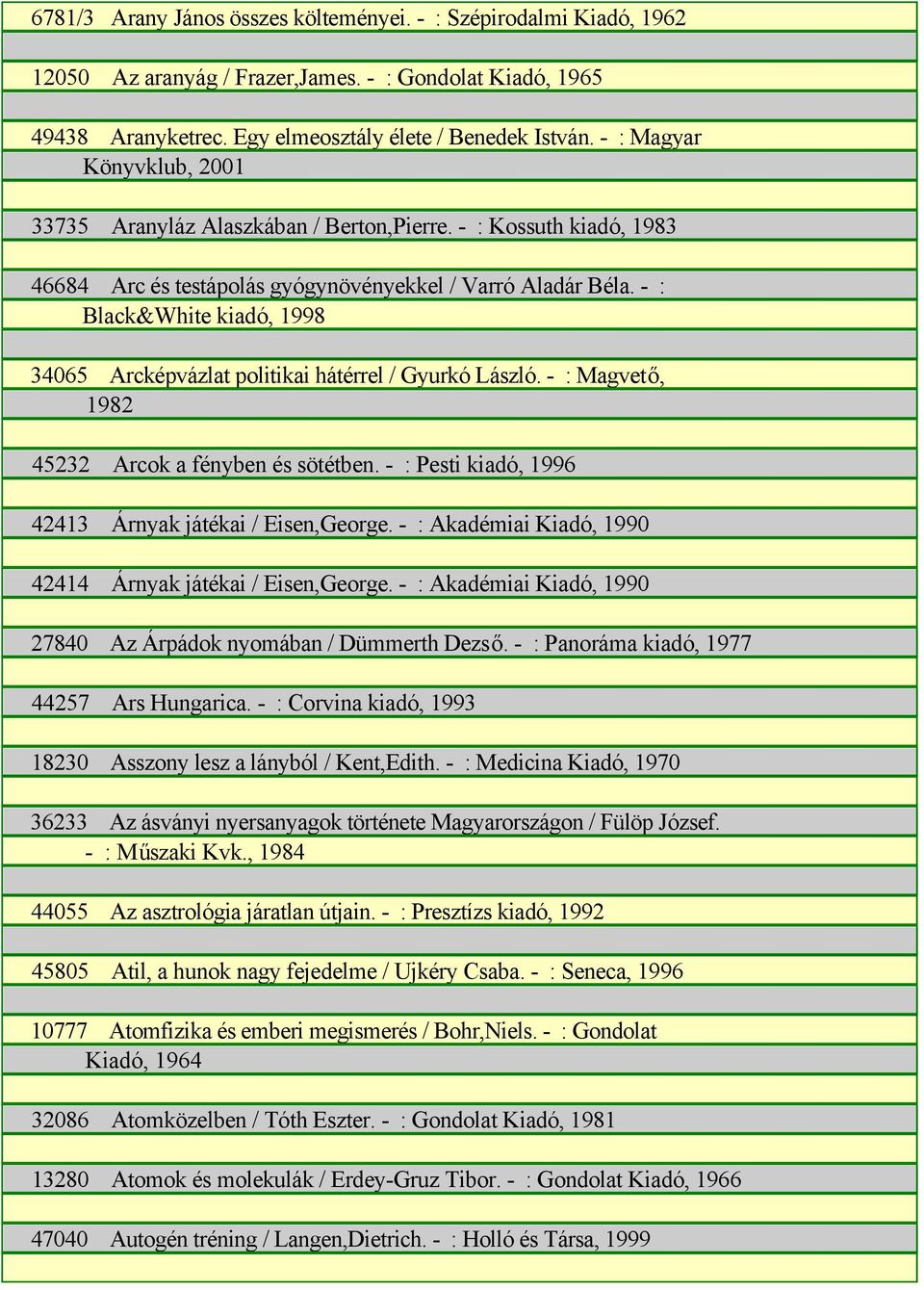 - : Black&White kiadó, 1998 34065 Arcképvázlat politikai hátérrel / Gyurkó László. - : Magvető, 1982 45232 Arcok a fényben és sötétben. - : Pesti kiadó, 1996 42413 Árnyak játékai / Eisen,George.