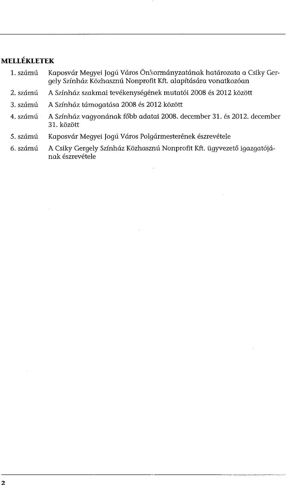 számú A Színház támogatása 2008 és 2012 között 4. számú A Színház vagyonának főbb adatai 2008. december 31. és 2012. december 31. között 5.