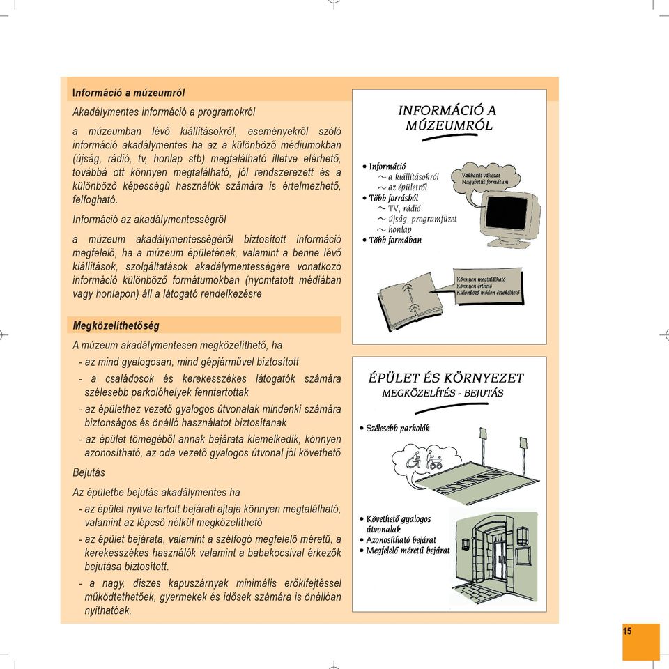 Információ az akadálymentességrõl a múzeum akadálymentességérõl biztosított információ megfelelõ, ha a múzeum épületének, valamint a benne lévõ kiállítások, szolgáltatások akadálymentességére