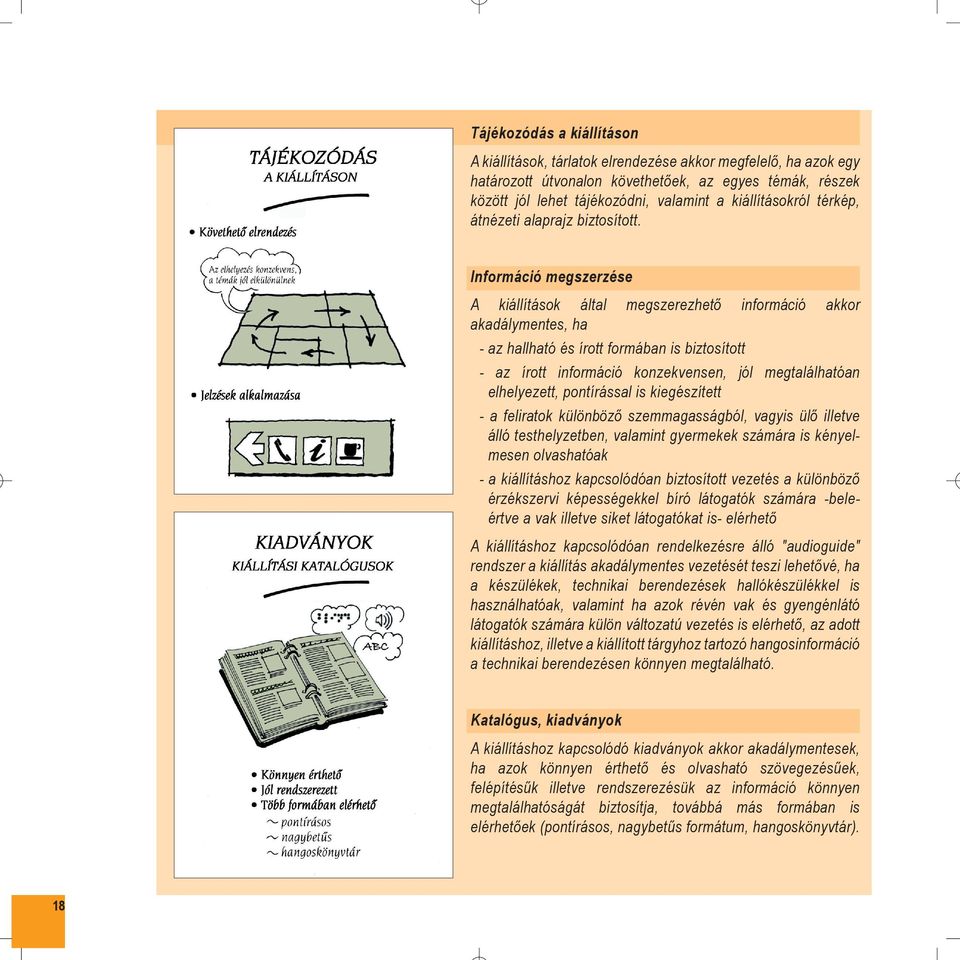 Információ megszerzése A kiállítások által megszerezhetõ információ akkor akadálymentes, ha - az hallható és írott formában is biztosított - az írott információ konzekvensen, jól megtalálhatóan