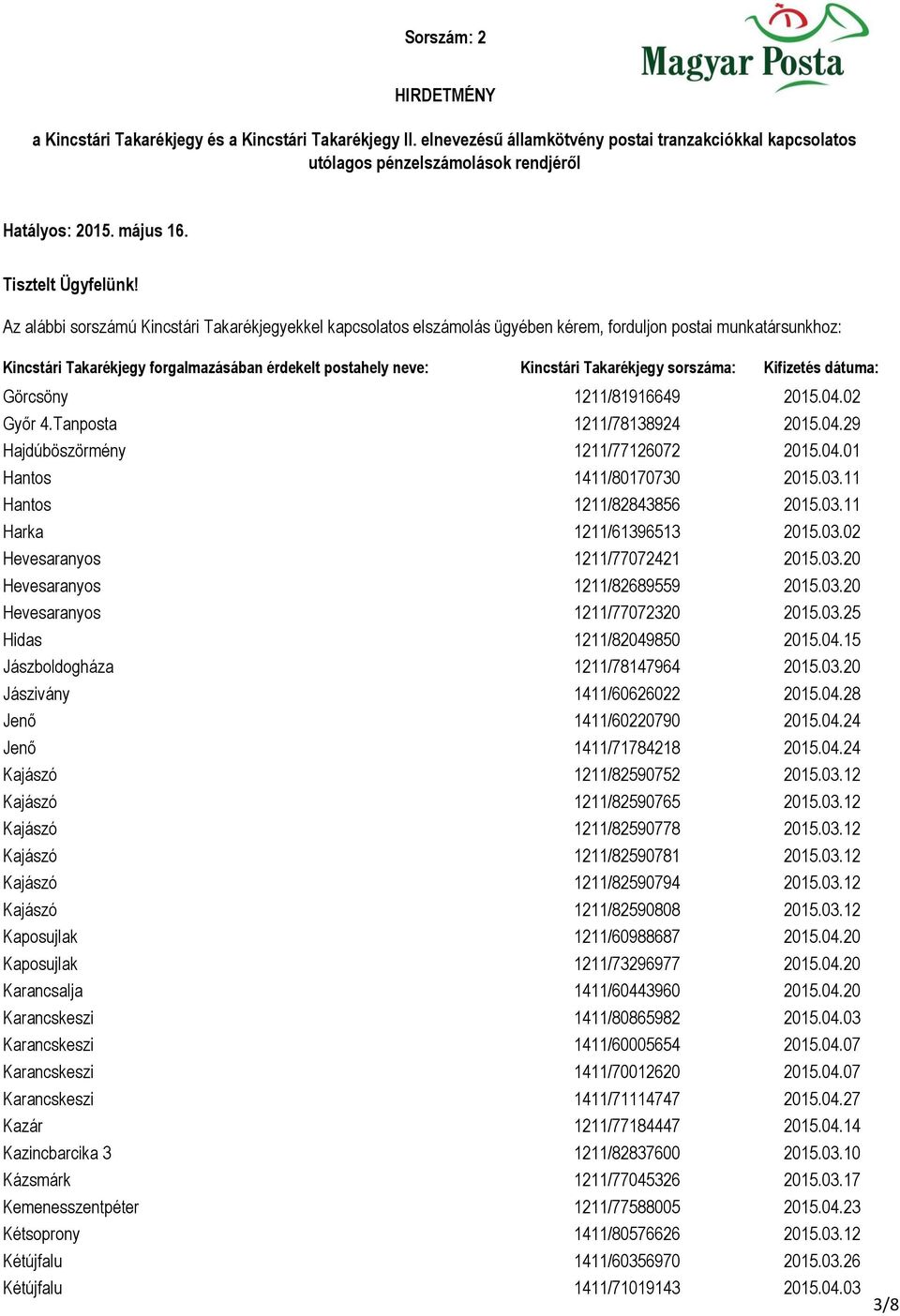 04.28 Jenő 1411/60220790 2015.04.24 Jenő 1411/71784218 2015.04.24 Kajászó 1211/82590752 2015.03.12 Kajászó 1211/82590765 2015.03.12 Kajászó 1211/82590778 2015.03.12 Kajászó 1211/82590781 2015.03.12 Kajászó 1211/82590794 2015.