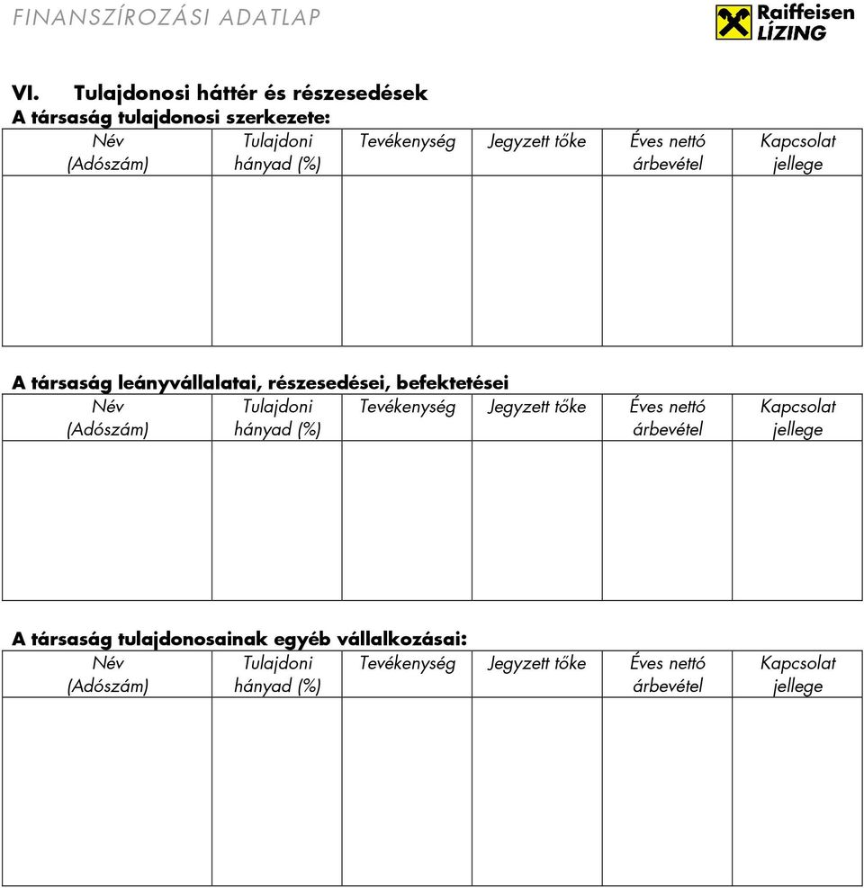 Név (Adószám) Tulajdoni hányad (%) Tevékenység Jegyzett tıke Éves nettó árbevétel jellege A társaság