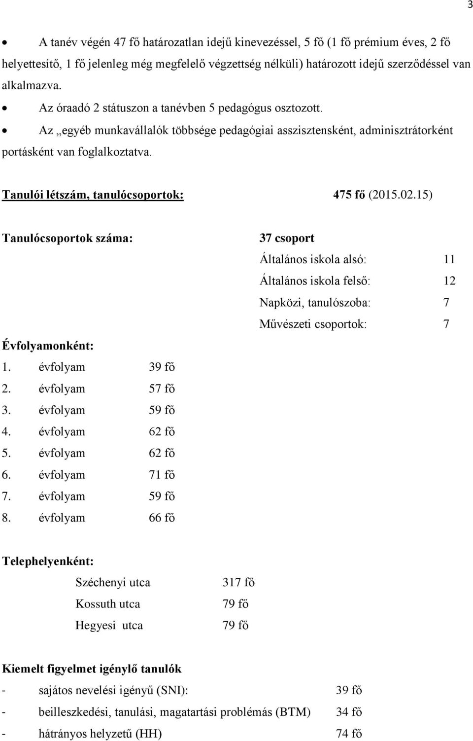 Tanulói létszám, tanulócsoportok: 475 fő (2015.02.15) Tanulócsoportok száma: Évfolyamonként: 1. évfolyam 39 fő 2. évfolyam 57 fő 3. évfolyam 59 fő 4. évfolyam 62 fő 5. évfolyam 62 fő 6.