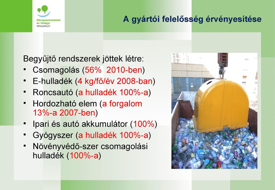 hulladék 100%-a) Hordozható elem (a forgalom 13%-a 2007-ben) Ipari és autó