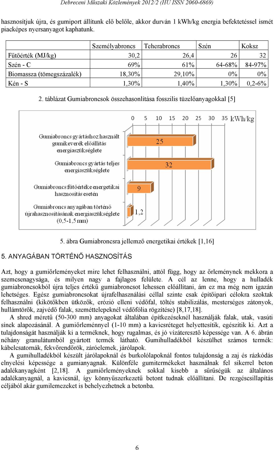 táblázat Gumiabroncsok összehasonlítása fosszilis tüzelőanyagokkal [5] 5. ábra Gumiabroncsra jellemző energetikai értékek [1,16] 5.