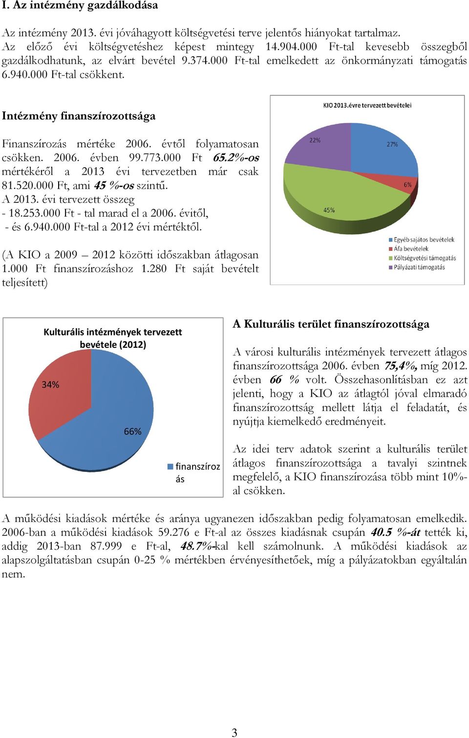 Intézmény finanszírozottsága Finanszírozás mértéke 2006. évtől folyamatosan csökken. 2006. évben 99.773.000 Ft 65.2%-os mértékéről a 2013 évi tervezetben már csak 81.520.000 Ft, ami 45 %-os szintű.