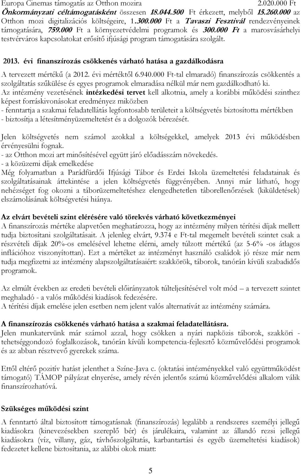 000 Ft a marosvásárhelyi testvérváros kapcsolatokat erősítő ifjúsági program támogatására szolgált. 2013. évi finanszírozás csökkenés várható hatása a gazdálkodásra A tervezett mértékű (a 2012.