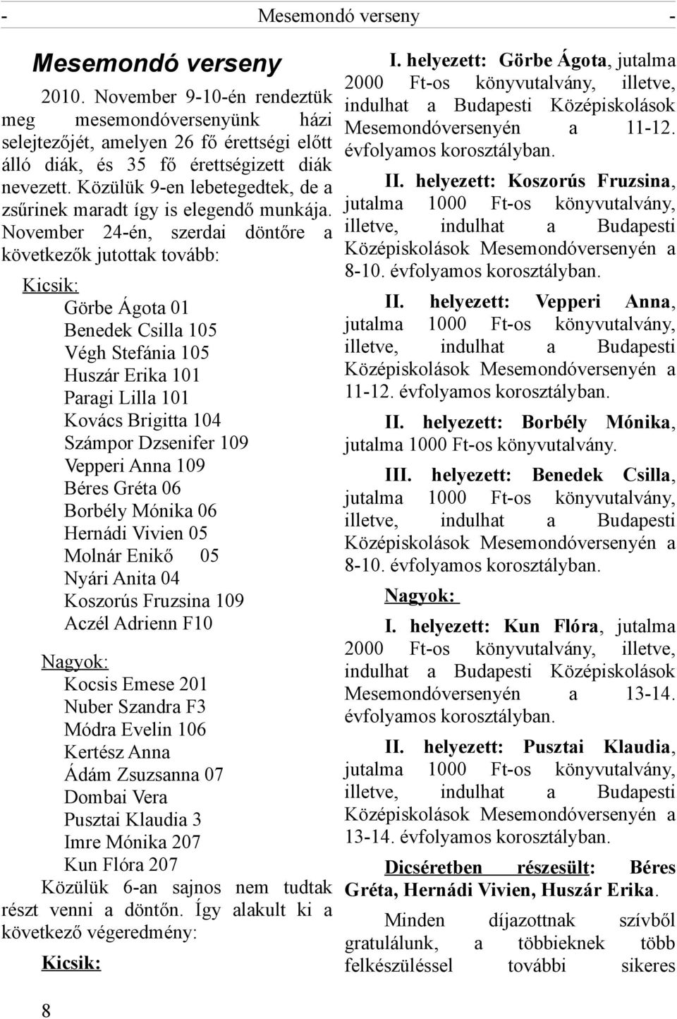 November 24-én, szerdai döntőre a következők jutottak tovább: Kicsik: Görbe Ágota 01 Benedek Csilla 105 Végh Stefánia 105 Huszár Erika 101 Paragi Lilla 101 Kovács Brigitta 104 Számpor Dzsenifer 109