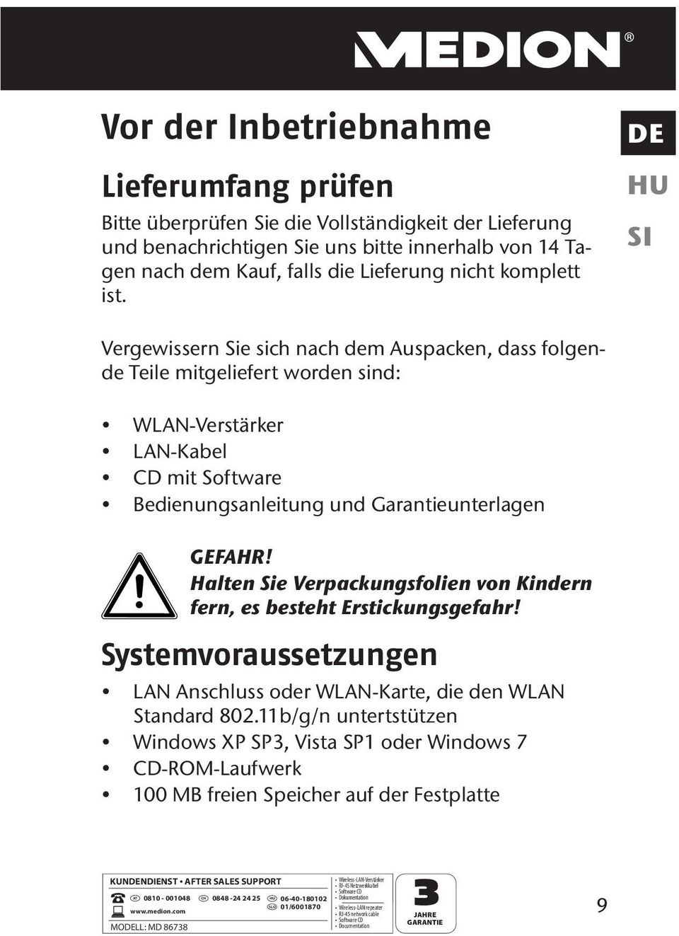 DE HU SI Vergewissern Sie sich nach dem Auspacken, dass folgende Teile mitgeliefert worden sind: WLAN-Verstärker LAN-Kabel CD mit Software Bedienungsanleitung und Garantieunterlagen GEFAHR!