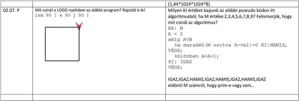 ha M értéke:2,3,4,5,6,7,8,9? Felismerjük, hogy mit csinál az algoritmus?