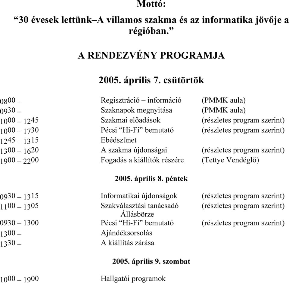 (részletes program szerint) 1245 1315 Ebédszünet 1300 1620 A szakma újdonságai (részletes program szerint) 1900 2200 Fogadás a kiállítók részére (Tettye Vendéglő) 2005.