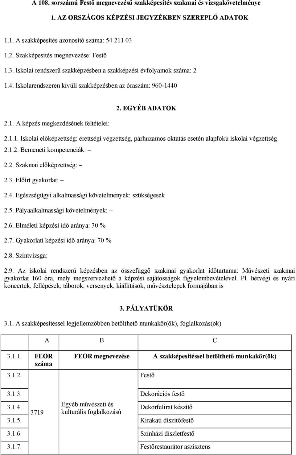 EGYÉB ADATOK 2.1.1. Iskolai előképzettség: érettségi végzettség, párhuzamos oktatás esetén alapfokú iskolai végzettség 2.1.2. Bemeneti kompetenciák: 2.2. Szakmai előképzettség: 2.3.