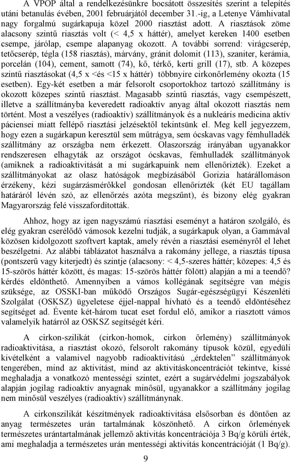 A riasztások zöme alacsony szintű riasztás volt (< 4,5 x háttér), amelyet kereken 1400 esetben csempe, járólap, csempe alapanyag okozott.