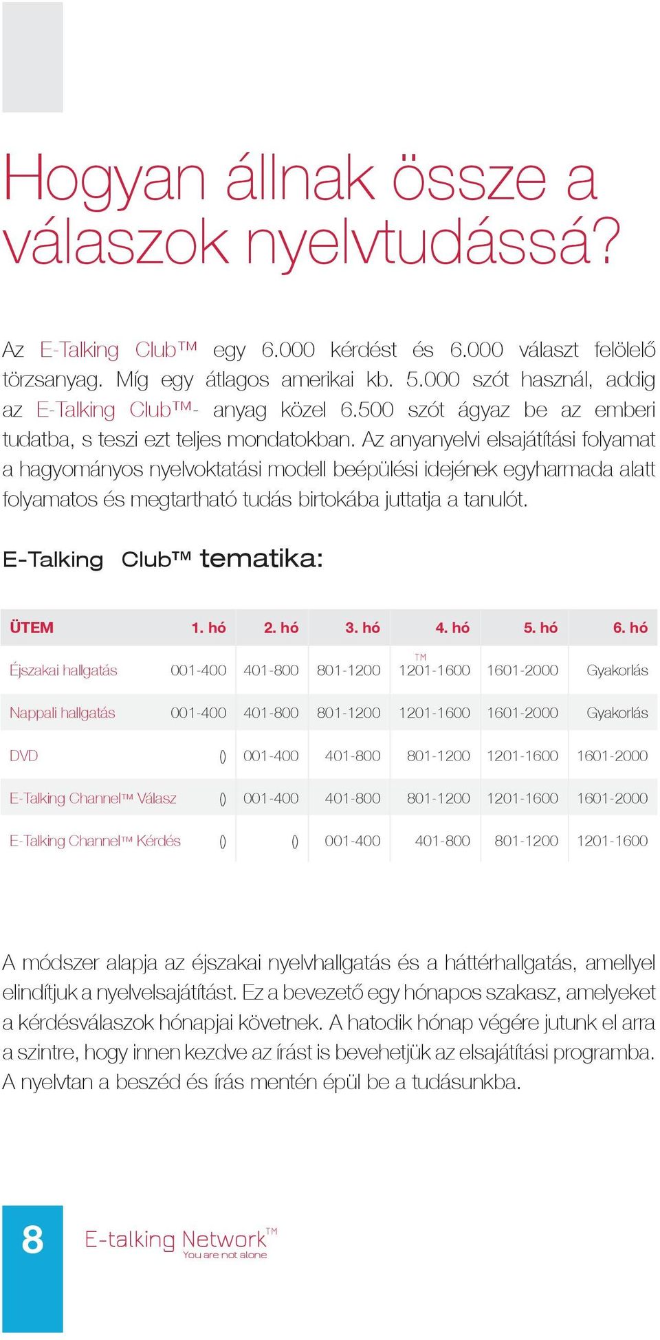 Az anyanyelvi elsajátítási folyamat a hagyományos nyelvoktatási modell beépülési idejének egyharmada alatt folyamatos és megtartható tudás birtokába juttatja a tanulót.