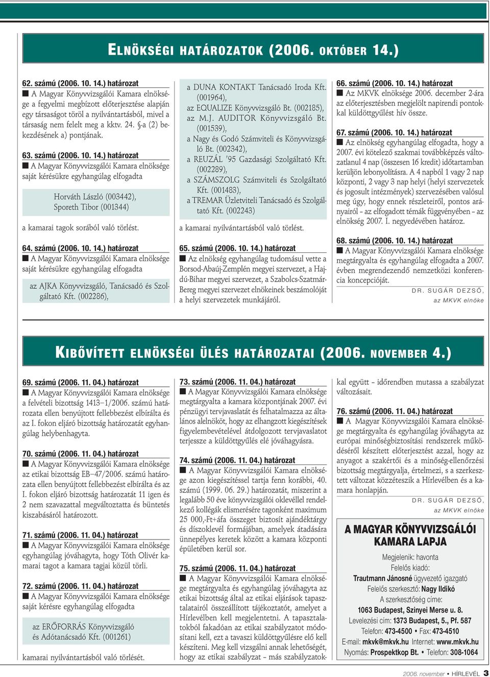 64. számú (2006. 10. 14.) határozat saját kérésükre egyhangúlag elfogadta az AJKA Könyvvizsgáló, Tanácsadó és Szolgáltató Kft. (002286), a DUNA KONTAKT Tanácsadó Iroda Kft.