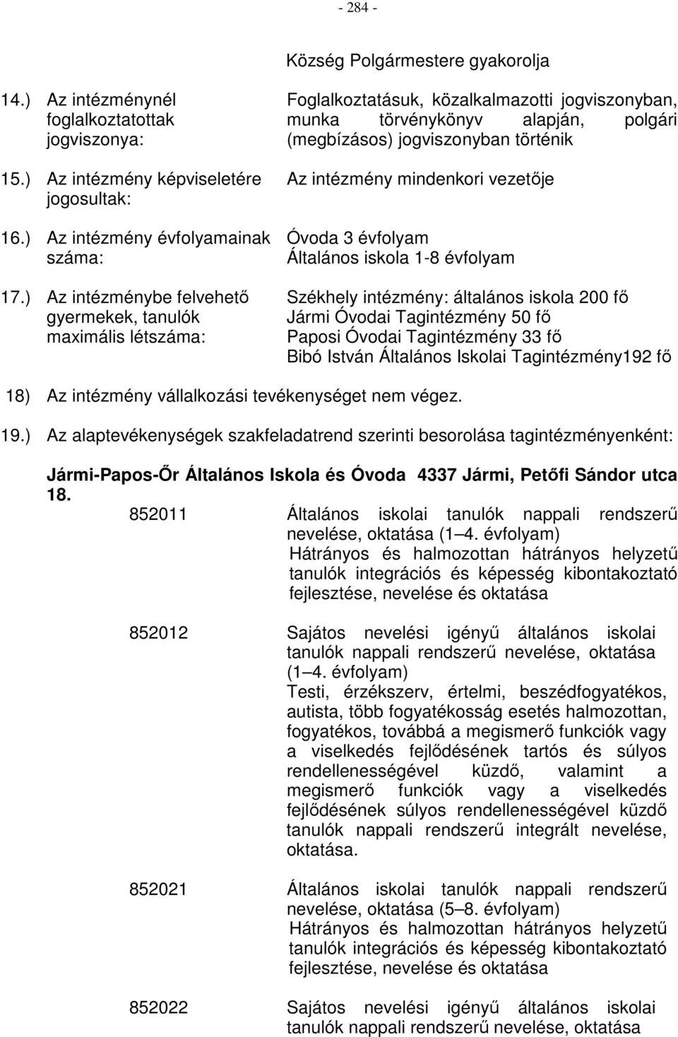 mindenkori vezetője Óvoda 3 évfolyam Általános iskola 1-8 évfolyam Székhely intézmény: általános iskola 200 fő Jármi Óvodai Tagintézmény 50 fő Paposi Óvodai Tagintézmény 33 fő Bibó István Általános