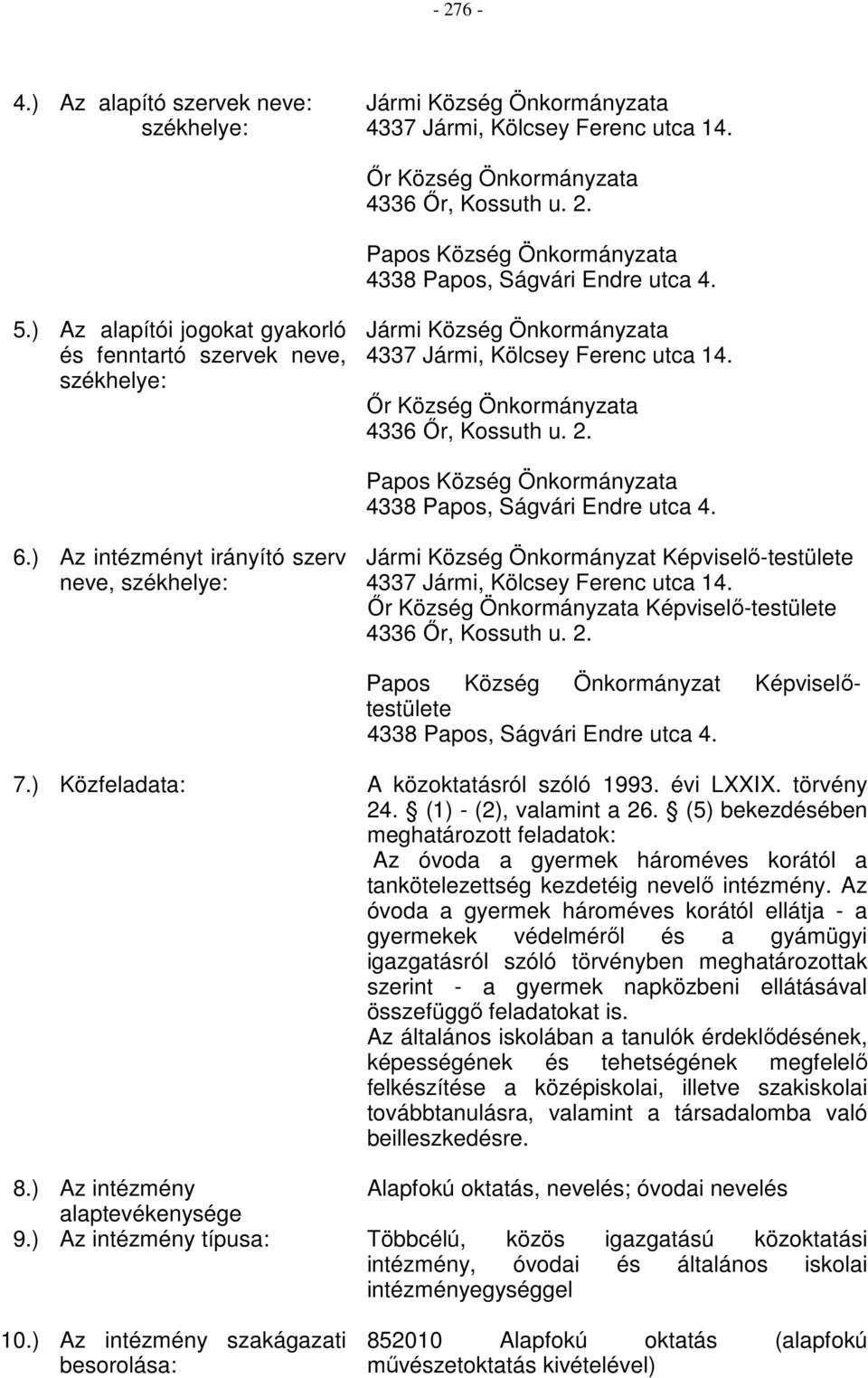 Papos Község Önkormányzata 4338 Papos, Ságvári Endre utca 4. 6.) Az intézményt irányító szerv neve, székhelye: Jármi Község Önkormányzat Képviselő-testülete 4337 Jármi, Kölcsey Ferenc utca 14.