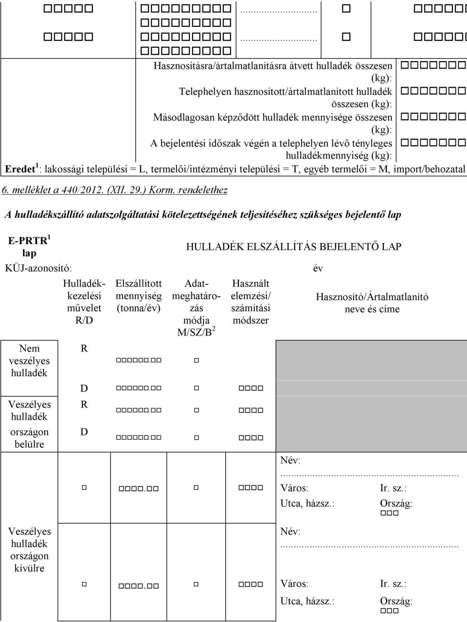 bejelentési időszak végén a telephelyen lévő tényleges hulladékmennyiség (kg): 6. melléklet a 440/2012. (XII. 29.) Korm.