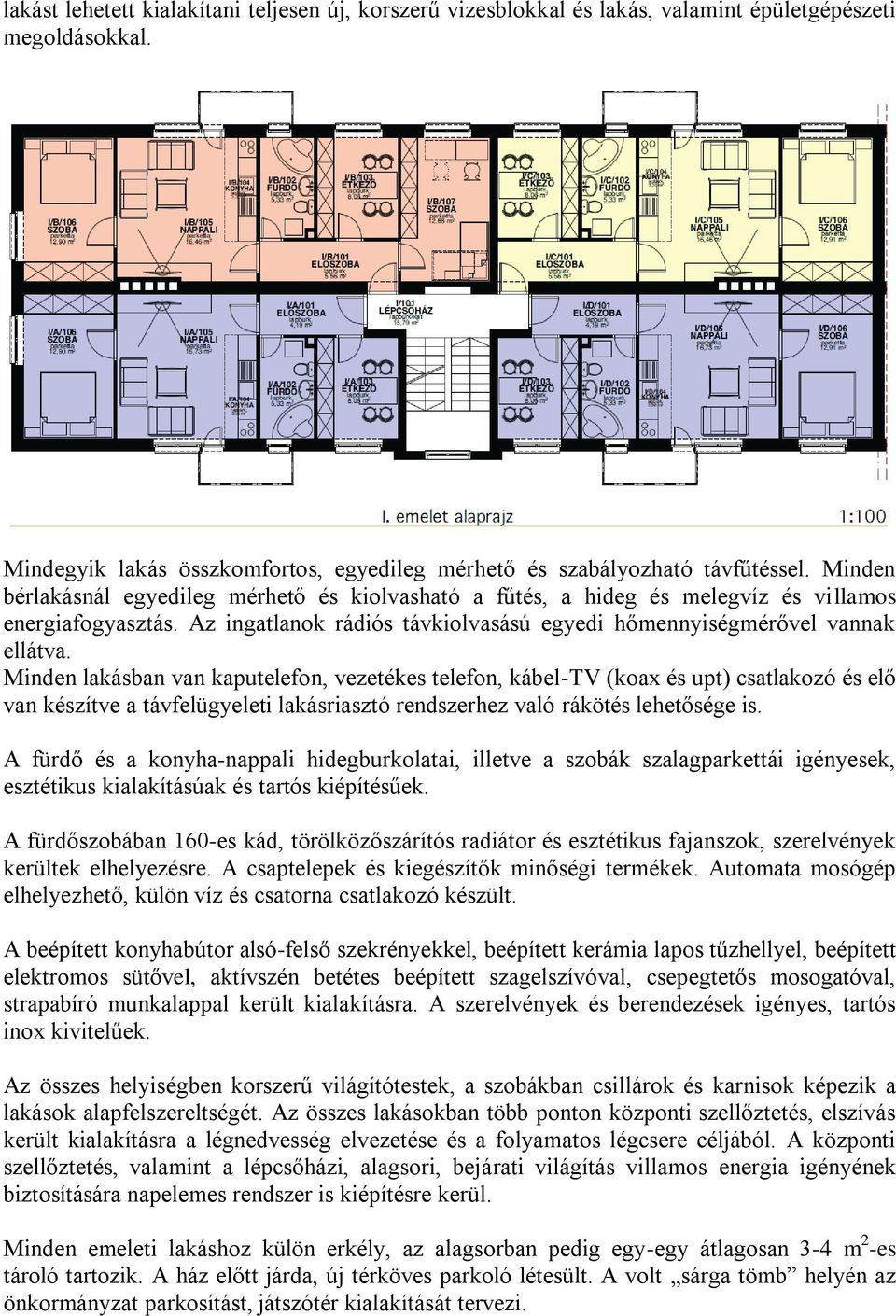 Minden lakásban van kaputelefon, vezetékes telefon, kábel-tv (koax és upt) csatlakozó és elő van készítve a távfelügyeleti lakásriasztó rendszerhez való rákötés lehetősége is.