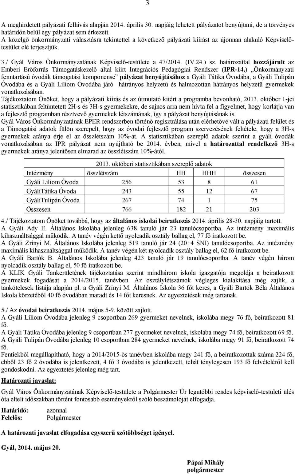 24.) sz. határozattal hozzájárult az Emberi Erőforrás Támogatáskezelő által kiírt Integrációs Pedagógiai Rendszer (IPR-14.