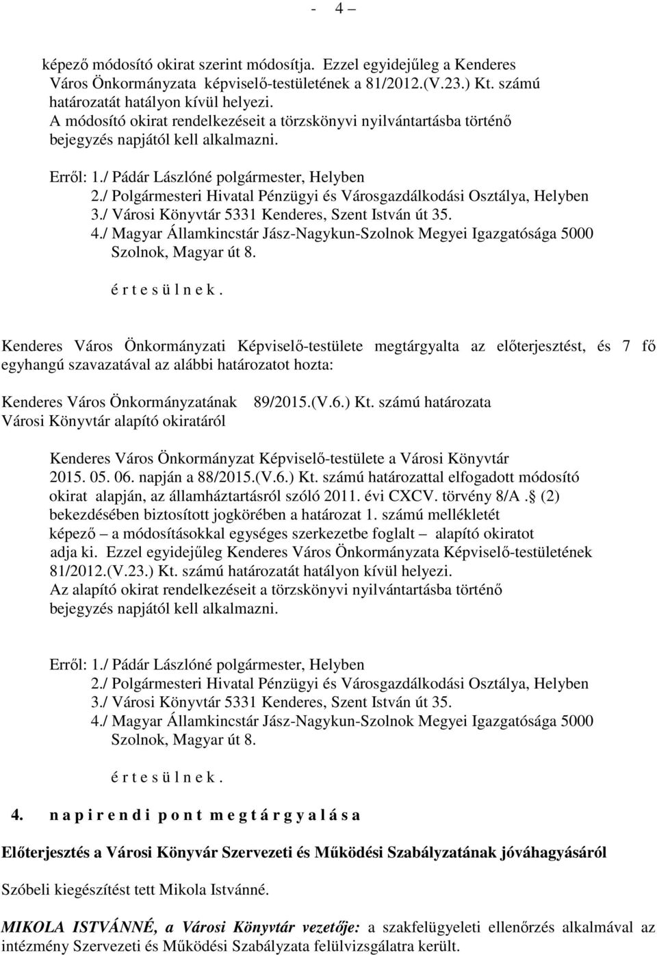 / Polgármesteri Hivatal Pénzügyi és Városgazdálkodási Osztálya, Helyben 3./ Városi Könyvtár 5331 Kenderes, Szent István út 35. 4.