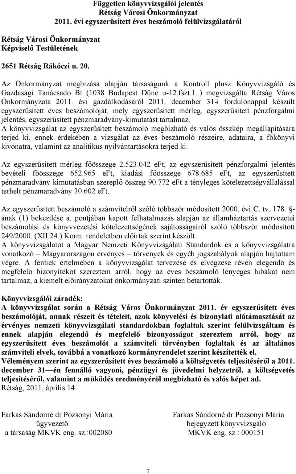 38 Budapest Dűne u-12.fszt.1..) megvizsgálta Rétság Város Önkormányzata 2011. évi gazdálkodásáról 2011.