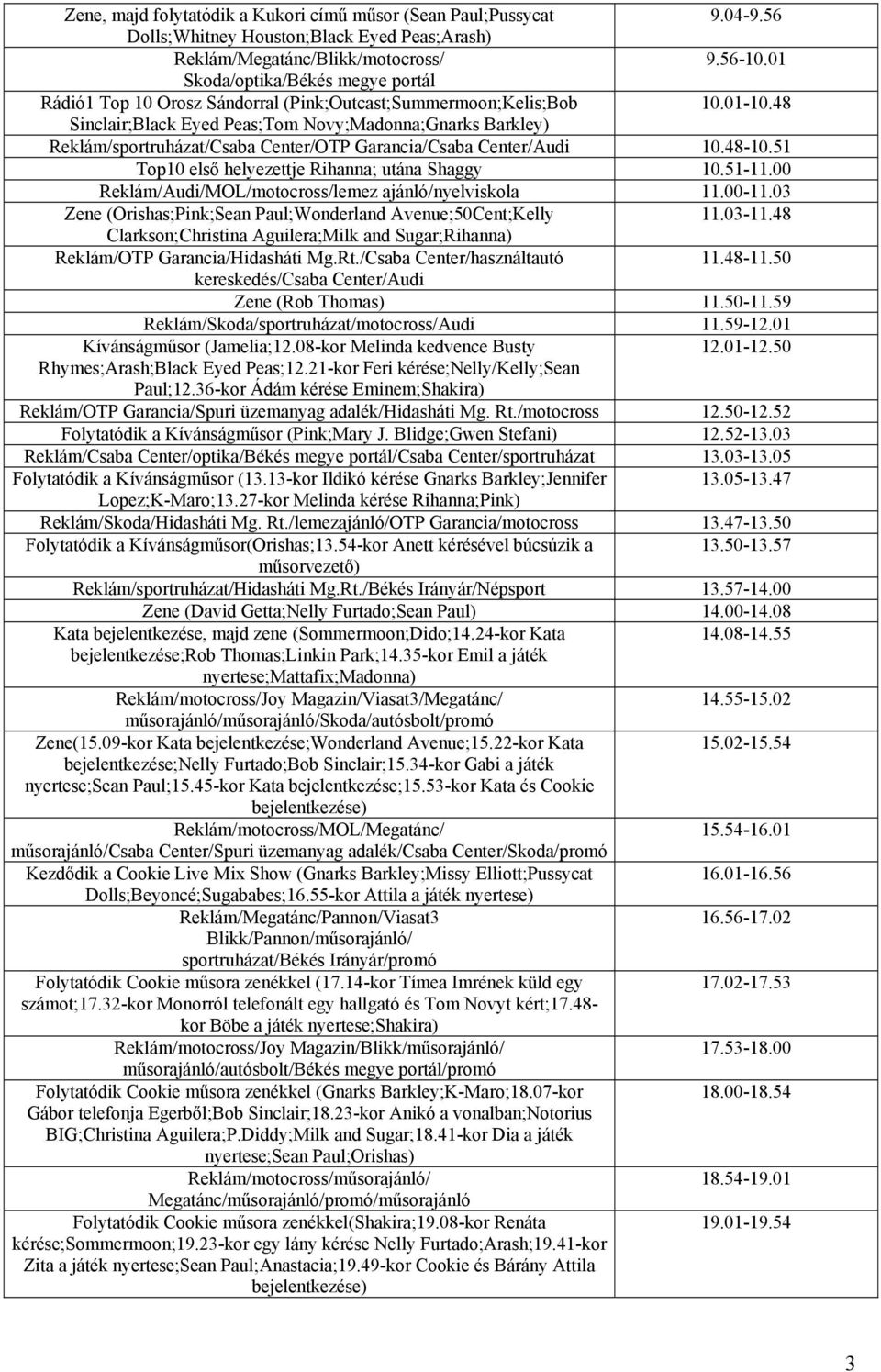 48 Sinclair;Black Eyed Peas;Tom Novy;Madonna;Gnarks Barkley) Reklám/sportruházat/Csaba Center/OTP Garancia/Csaba Center/Audi 10.48-10.51 Top10 első helyezettje Rihanna; utána Shaggy 10.51-11.