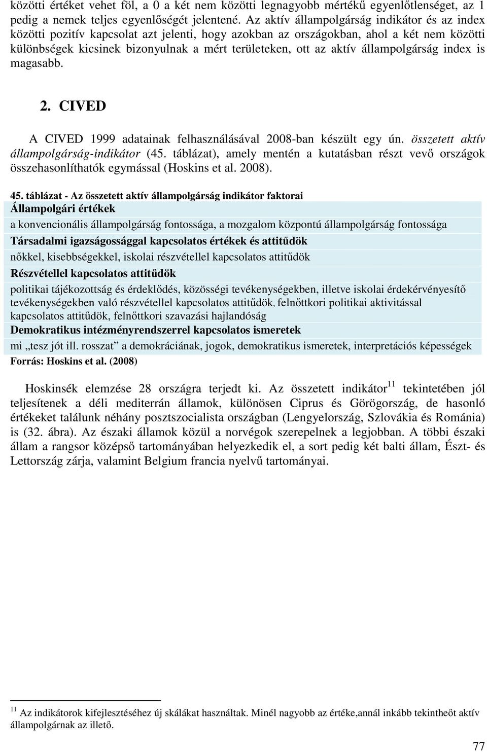 aktív állampolgárság index is magasabb. 2. CIVED A CIVED 1999 adatainak felhasználásával 2008-ban készült egy ún. összetett aktív állampolgárság-indikátor (45.