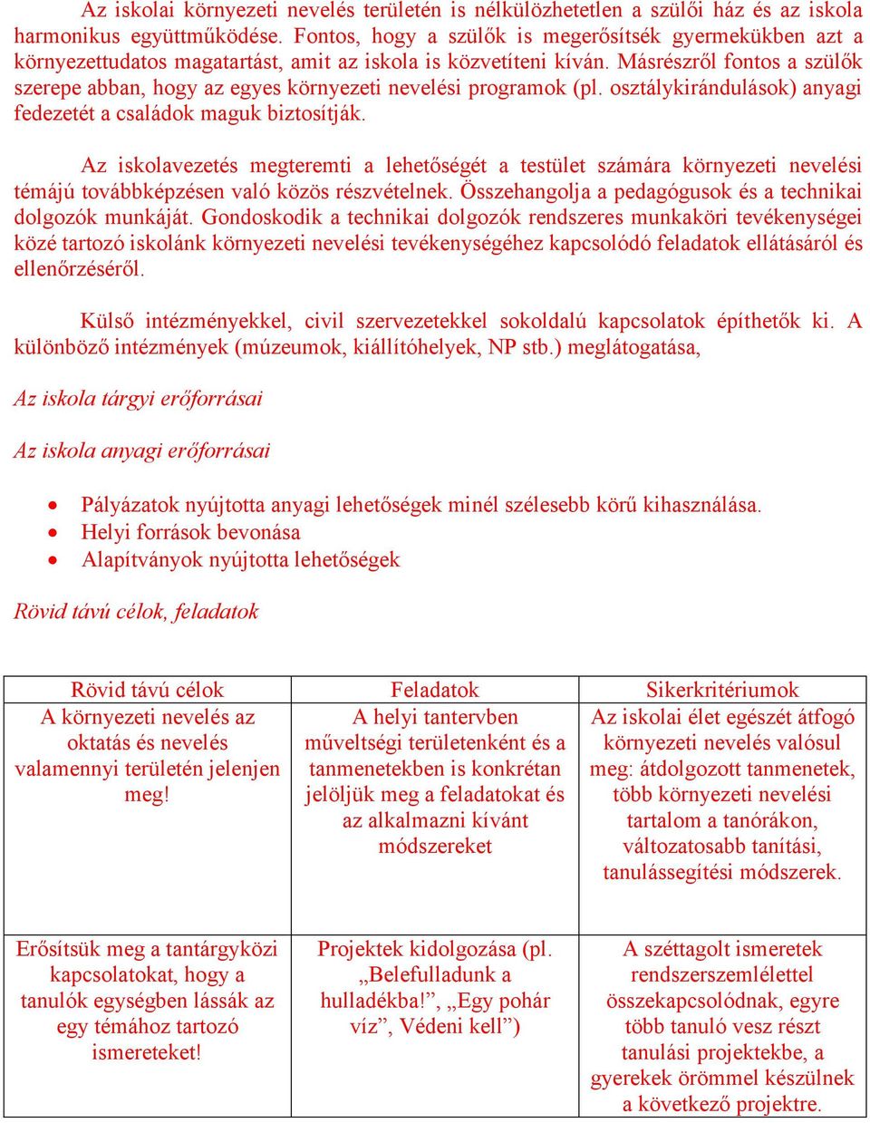 Másrészről fontos a szülők szerepe abban, hogy az egyes környezeti nevelési programok (pl. osztálykirándulások) anyagi fedezetét a családok maguk biztosítják.