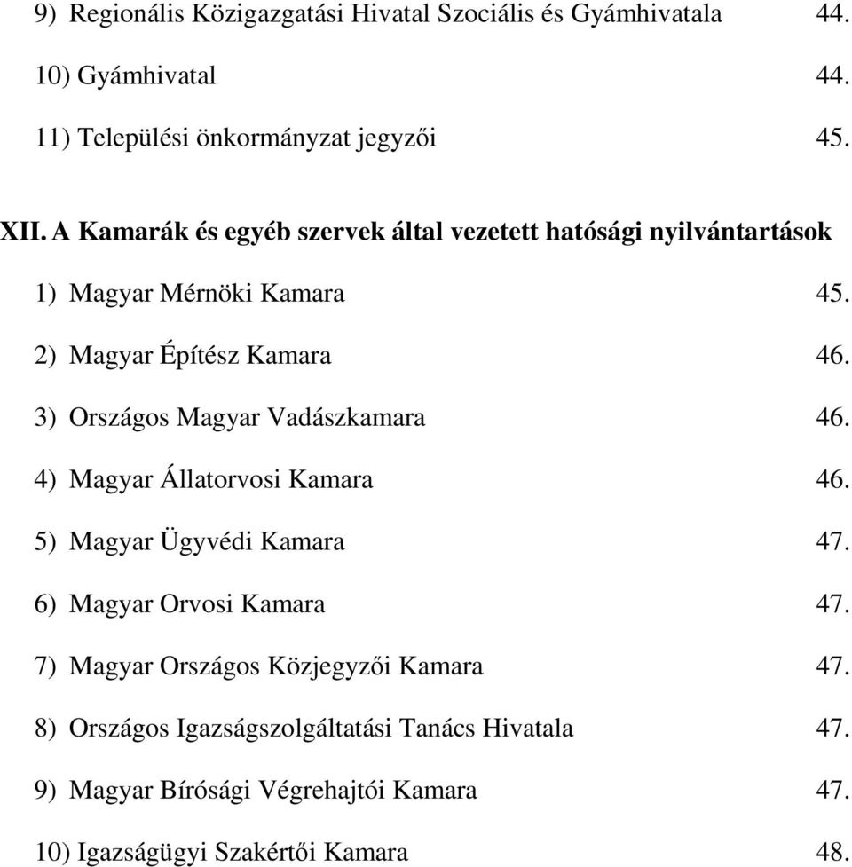 3) Országos Magyar Vadászkamara 46. 4) Magyar Állatorvosi Kamara 46. 5) Magyar Ügyvédi Kamara 47. 6) Magyar Orvosi Kamara 47.