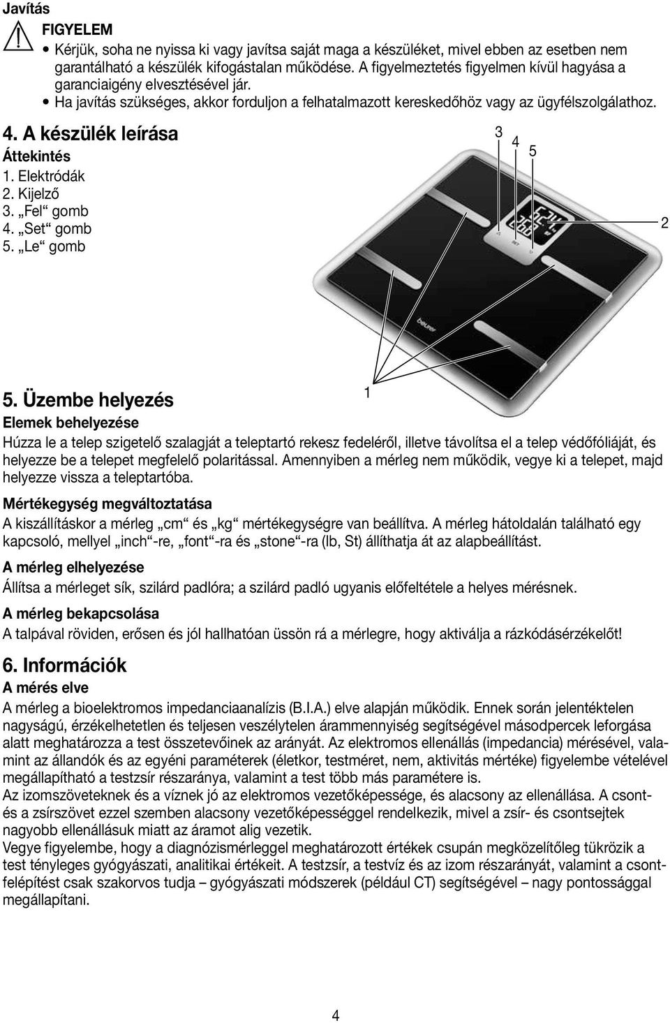 A készülék leírása Áttekintés 1. Elektródák 2. Kijelző 3. Fel gomb 4. Set gomb 5. Le gomb 3 4 5 2 5.