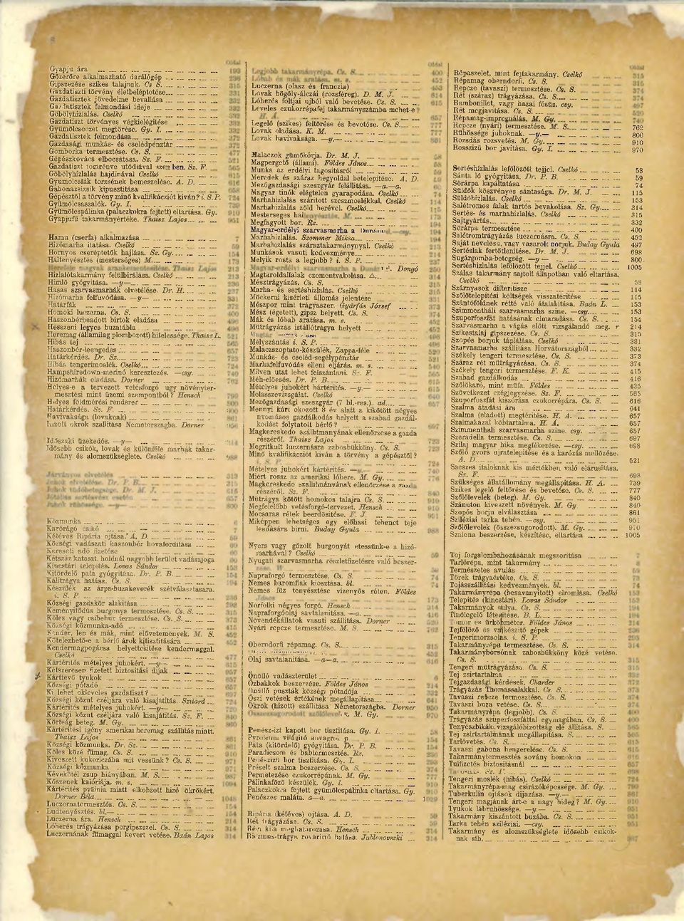 Sz. F. Gazdatiszt?ze 11 S F. Göbölyhizlalás hajdinával Cselkó Gyümölcsfák torzsének bemeszelése. A. D. Gabonazsizsik kipusztítása Gépésztől a törvény minő kvalifikácziót kiván? i. S.P. f.