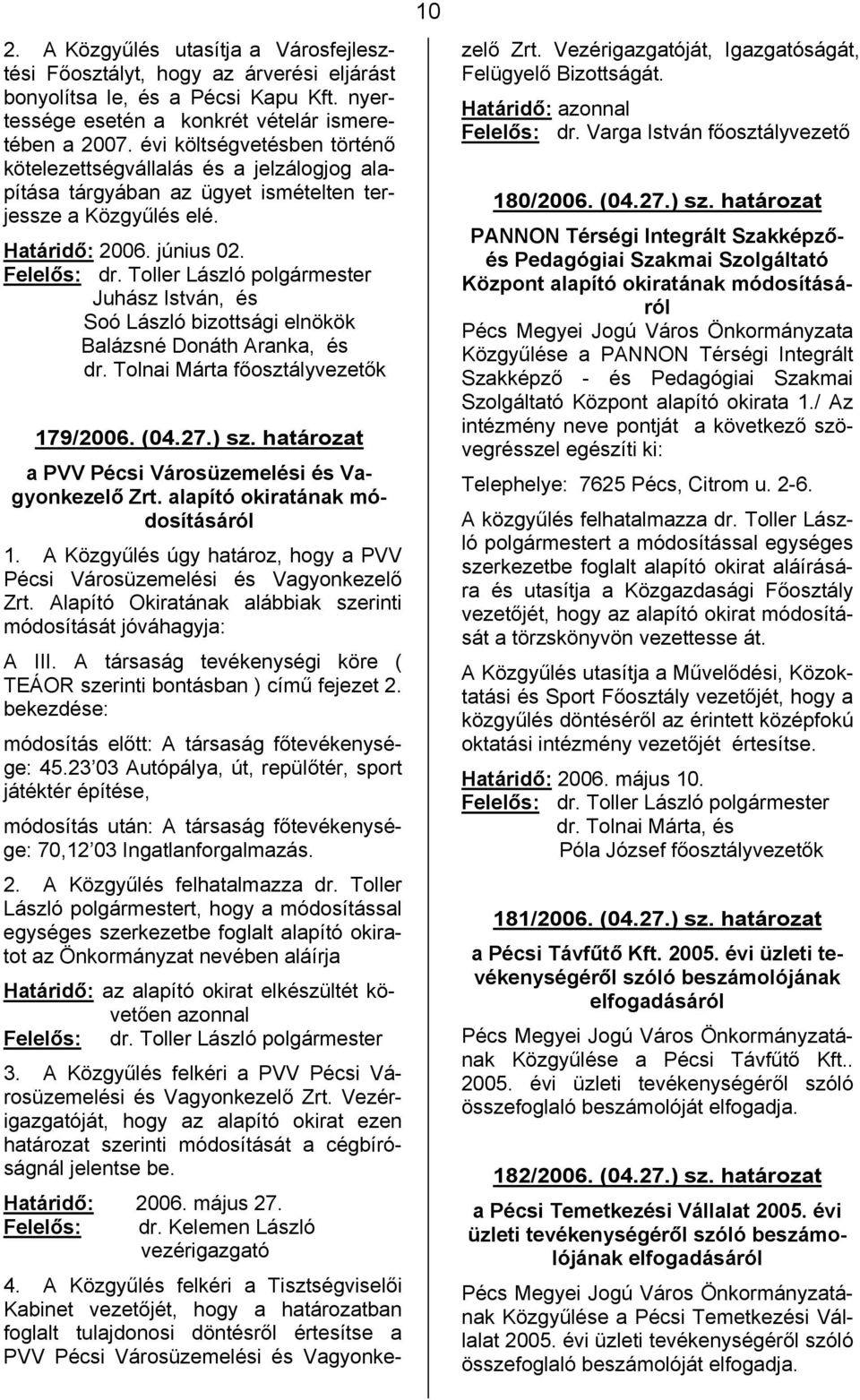 Juhász István, és Soó László bizottsági elnökök Balázsné Donáth Aranka, és dr. Tolnai Márta k 179/2006. (04.27.) sz. határozat a PVV Pécsi Városüzemelési és Vagyonkezelő Zrt.