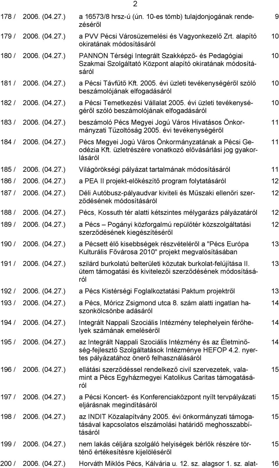 évi üzleti tevékenységéről szóló beszámolójának elfogadásáról 182 / 2006. (04.27.) a Pécsi Temetkezési Vállalat 2005. évi üzleti tevékenységéről szóló beszámolójának elfogadásáról 183 / 2006. (04.27.) beszámoló Pécs Megyei Jogú Város Hivatásos Önkormányzati Tűzoltóság 2005.