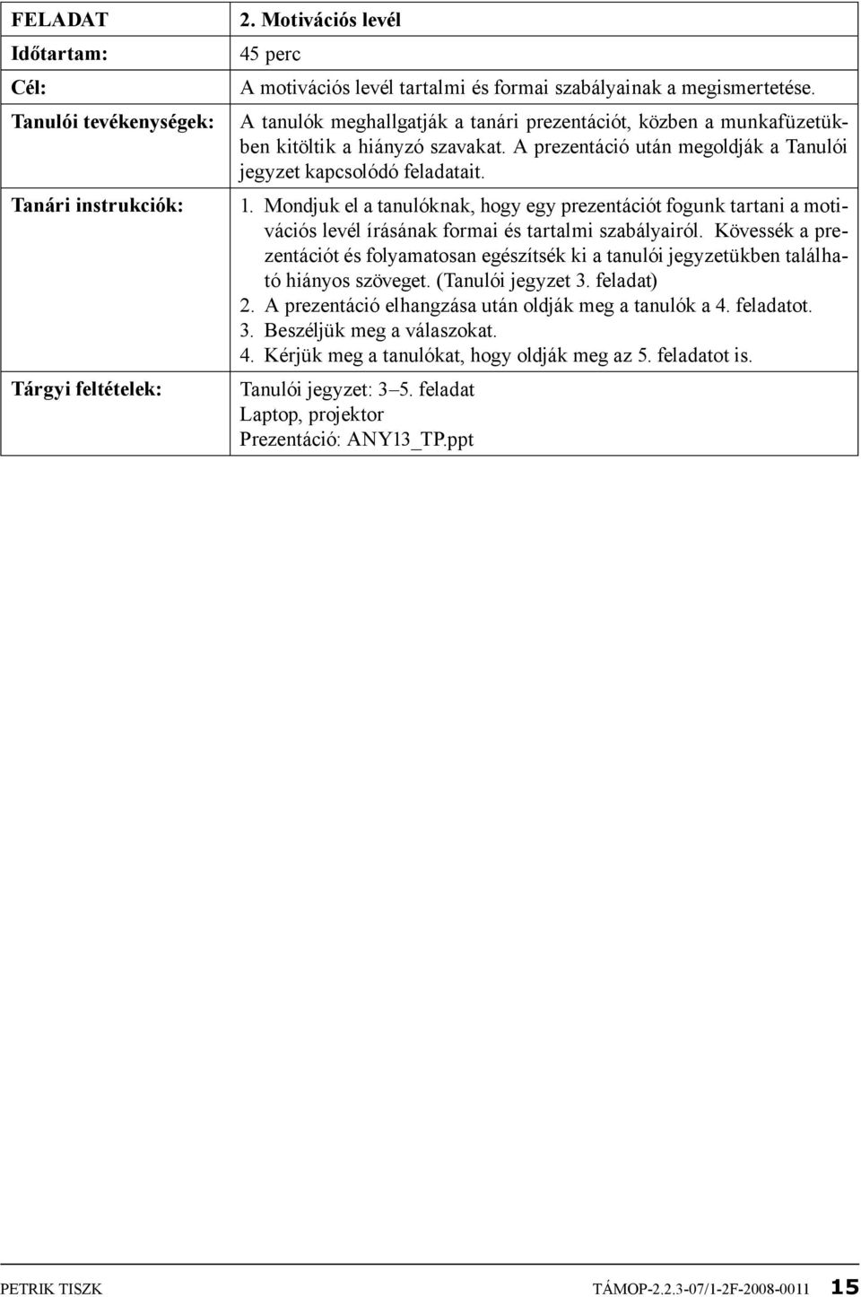 Mondjuk el a tanulóknak, hogy egy prezentációt fogunk tartani a motivációs levél írásának formai és tartalmi szabályairól.