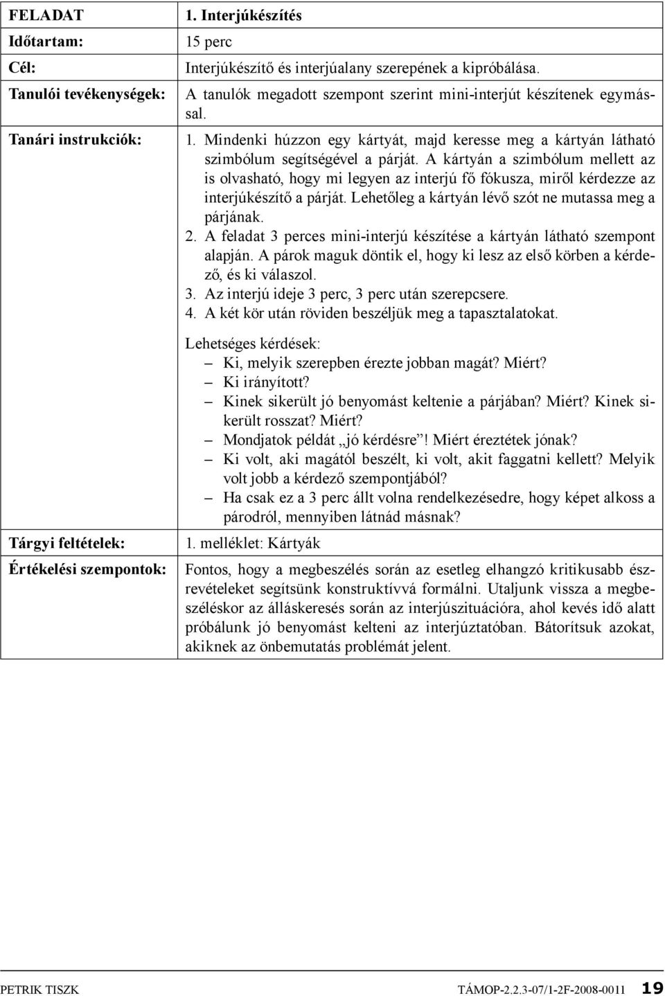 A kártyán a szimbólum mellett az is olvasható, hogy mi legyen az interjú fő fókusza, miről kérdezze az interjúkészítő a párját. Lehetőleg a kártyán lévő szót ne mutassa meg a párjának. 2.