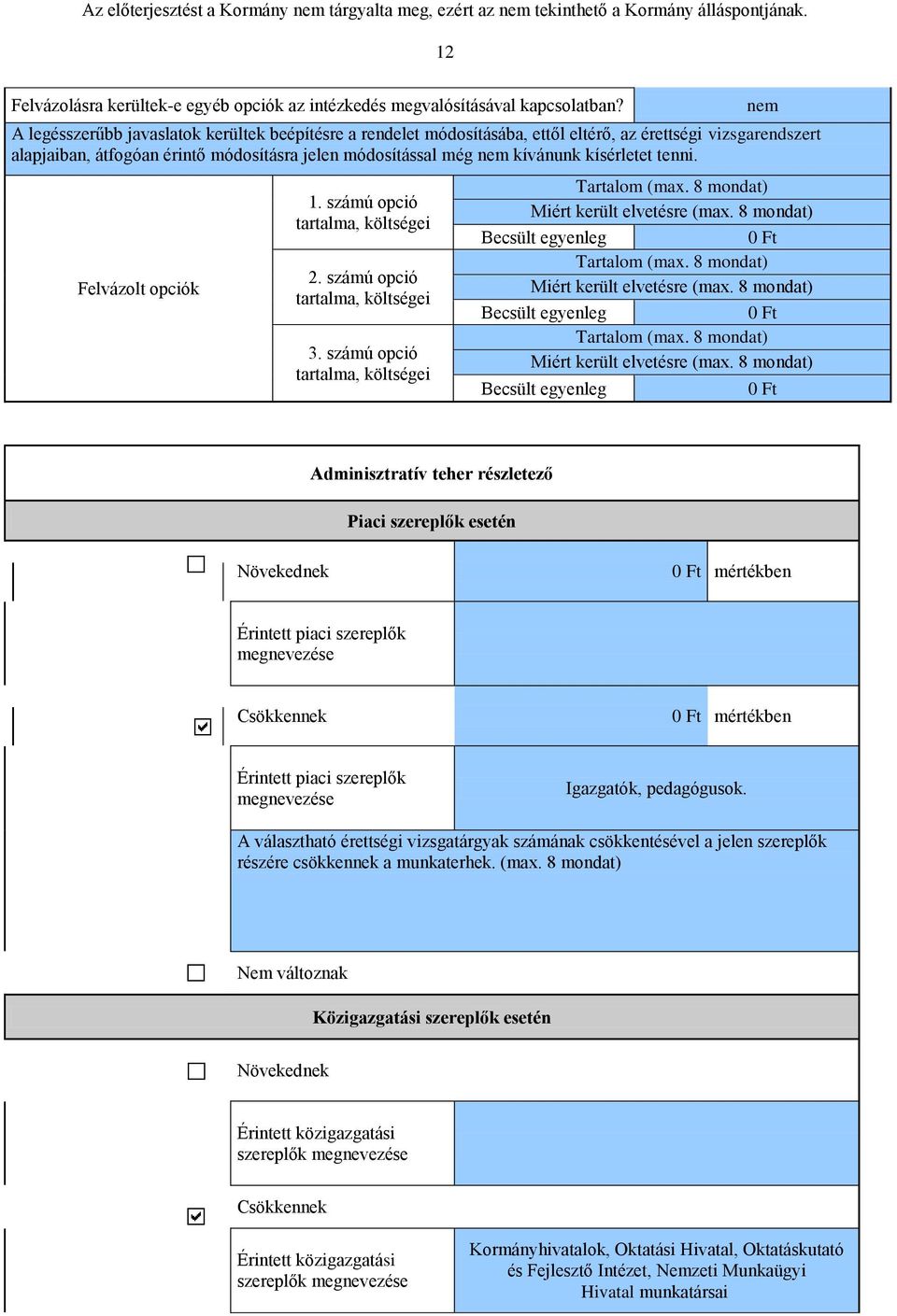 kísérletet tenni. Felvázolt opciók 1. számú opció tartalma, költségei 2. számú opció tartalma, költségei 3. számú opció tartalma, költségei nem Tartalom (max. 8 mondat) Miért került elvetésre (max.